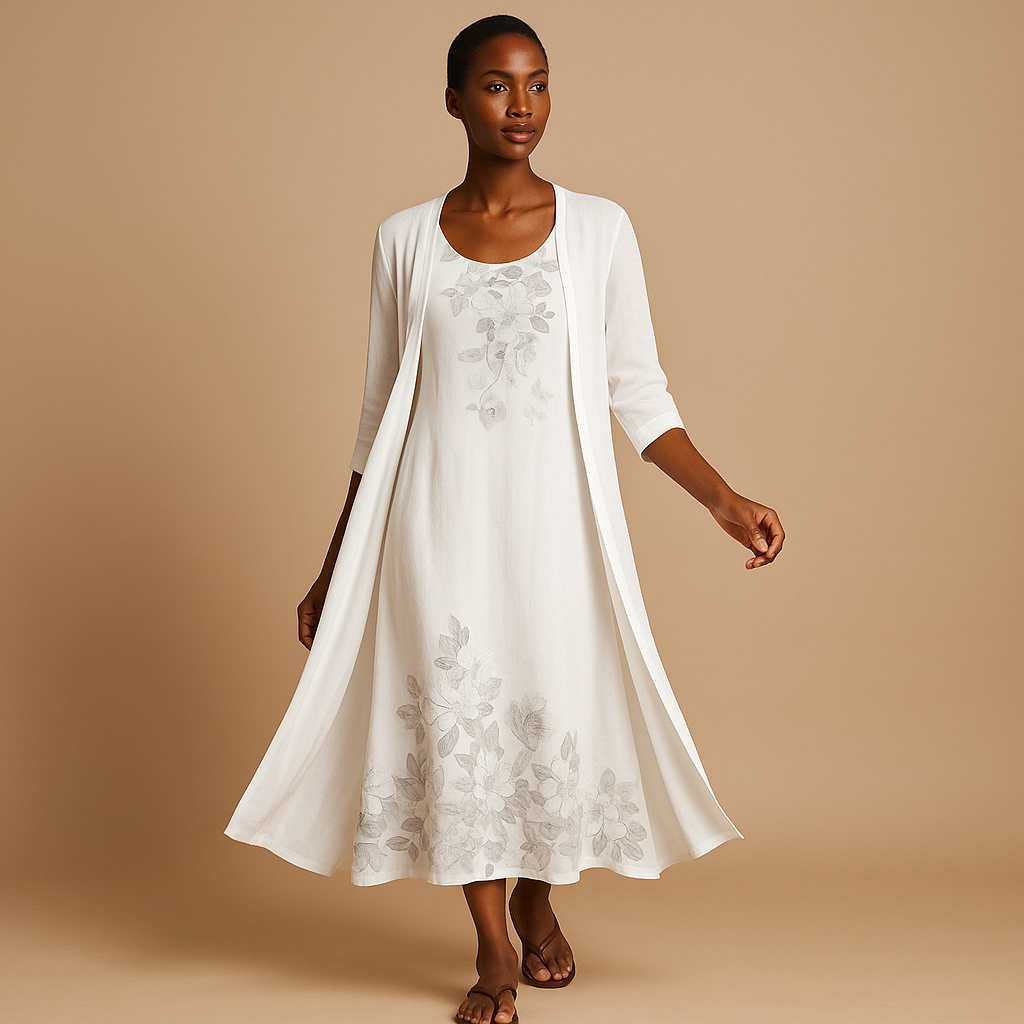 Lange damesjurk met blousejasje, flatterende pasvorm en elegante stijl. Ideaal voor formele gelegenheden, werk en feestelijke events.