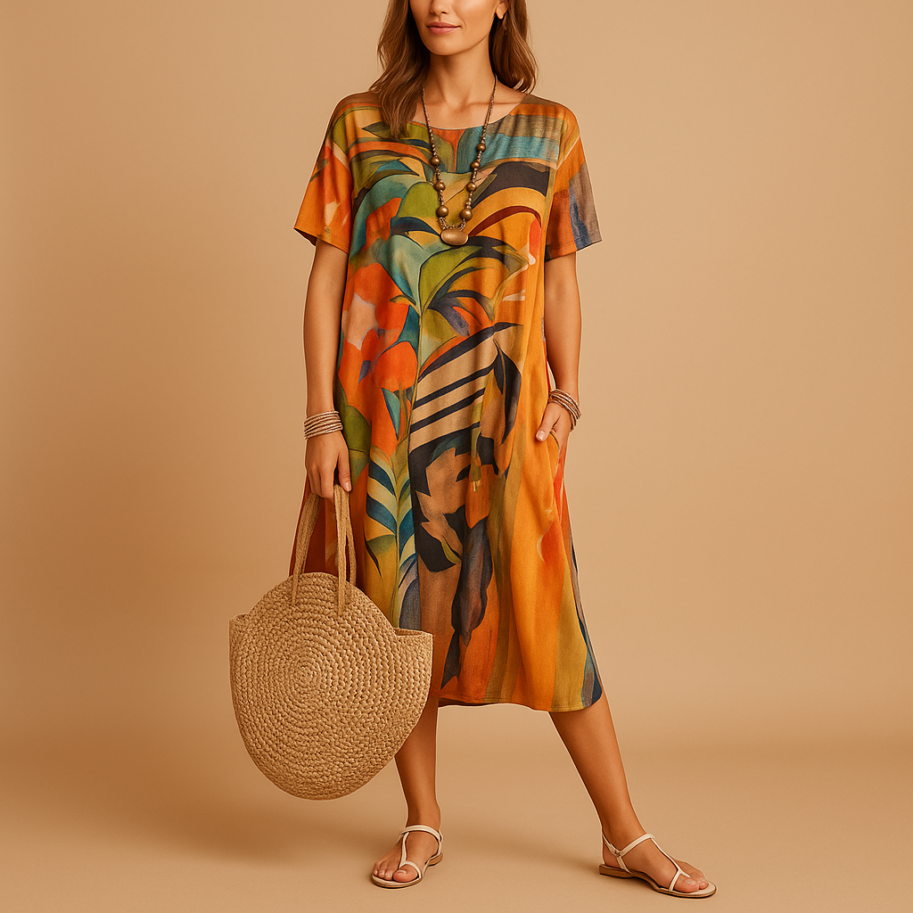 Artistieke damesjurk met handgeschilderd 3D-patroon en flatterende pasvorm, perfect voor creatieve gelegenheden en dagelijks gebruik