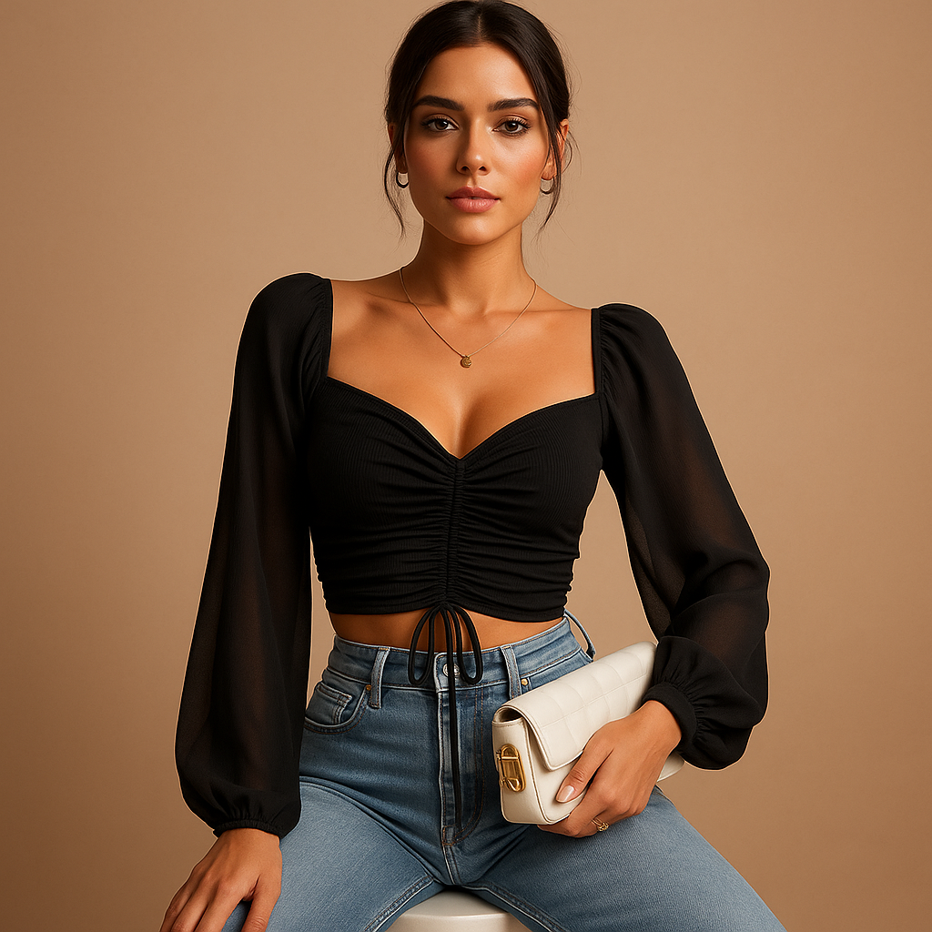 Aansluitende blouse voor dames met zoethart halslijn en koorddetail, elegant, ademend en ideaal voor casual of feestelijke gelegenheden.