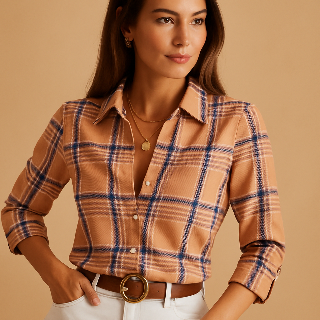 Elegante dames blouse met overslaghals en opvallende print in blauw, beige en zwart, ideaal voor werk of een avondje uit.