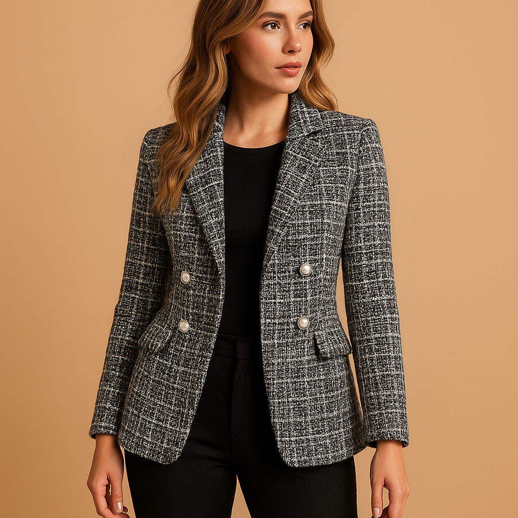 Dames blazer met ruitpatroon en getailleerde pasvorm, perfect voor werk, diner of een stijlvolle dagelijkse outfit.