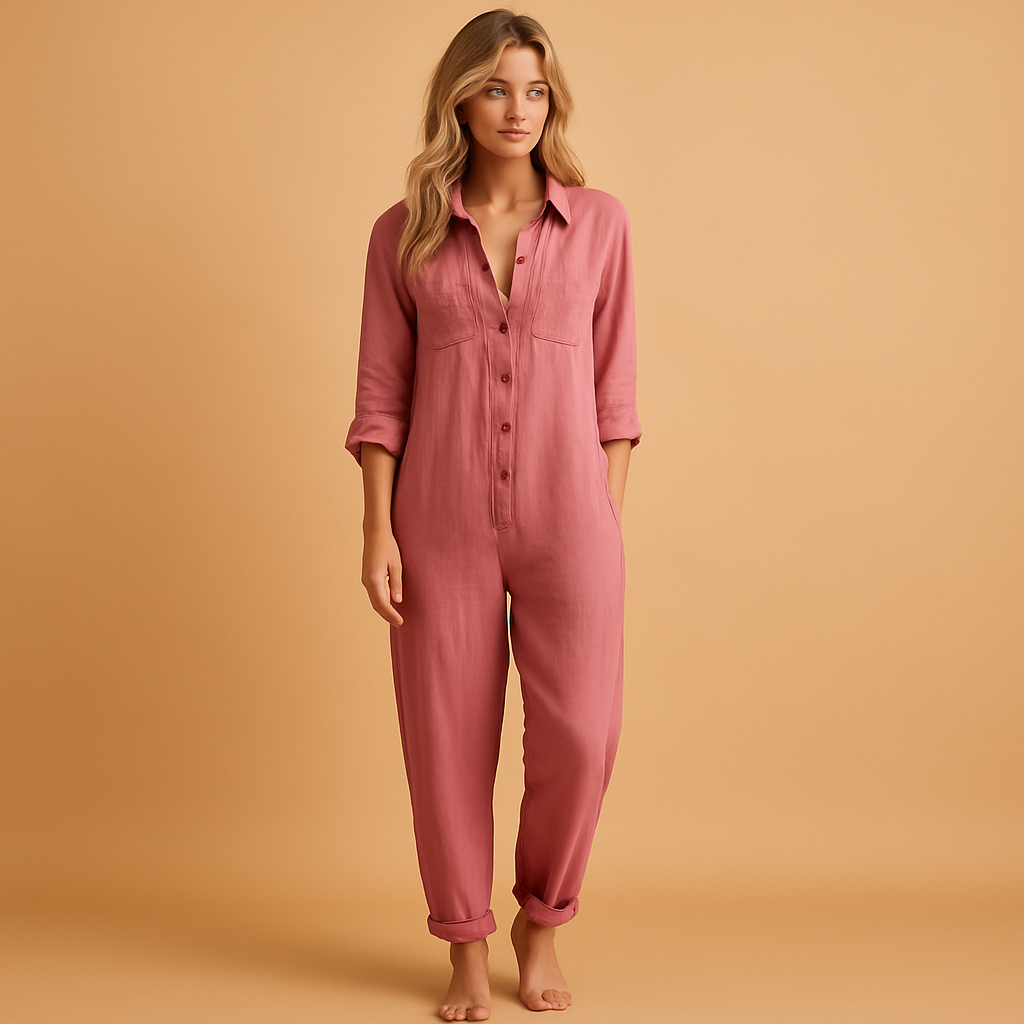 Elegante dames jumpsuit met polokraag en getailleerde kokerbroek, ideaal voor werk, dagelijkse looks of sociale gelegenheden. Verkrijgbaar in roze, groen en blauw.