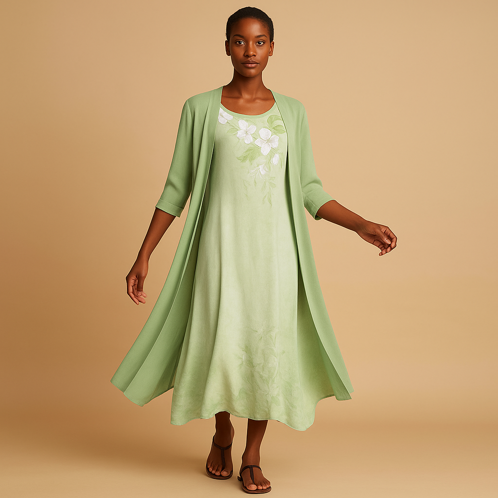 Lange damesjurk met blousejasje, flatterende pasvorm en elegante stijl. Ideaal voor formele gelegenheden, werk en feestelijke events.