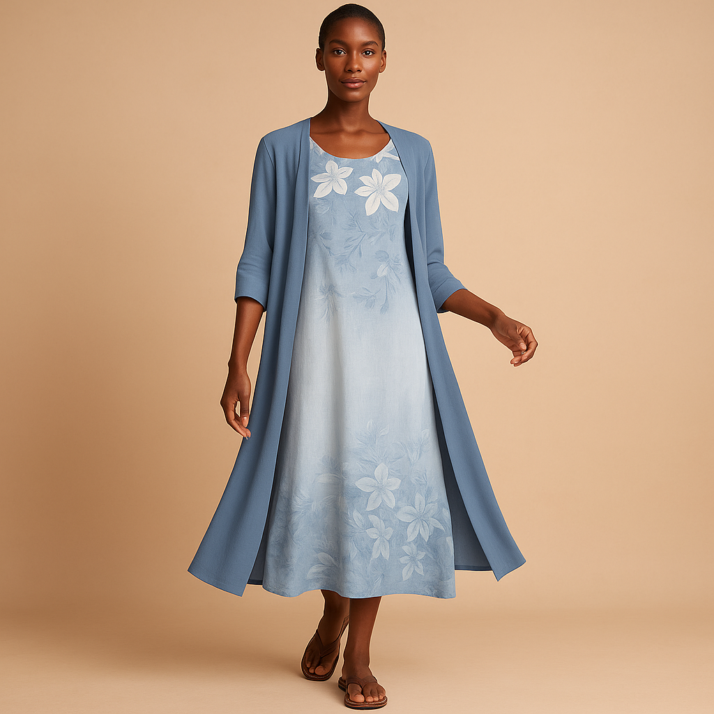 Lange damesjurk met blousejasje, flatterende pasvorm en elegante stijl. Ideaal voor formele gelegenheden, werk en feestelijke events.