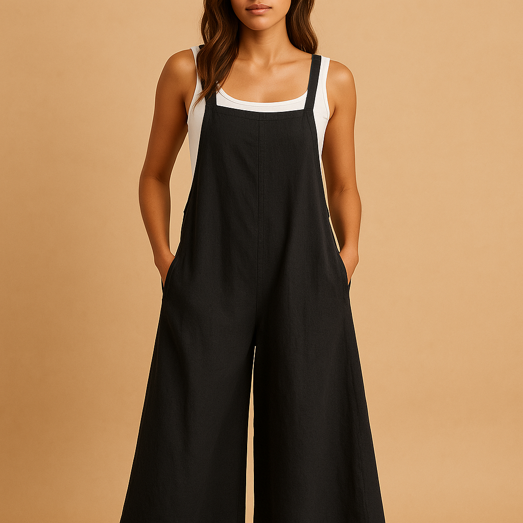 Luchtige dames jumpsuit van katoen en linnen met wijde pijpen in casual stijl, ideaal voor zomerse dagen en ontspannen momenten.